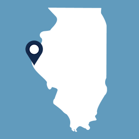 Map of Illinois with a pin indicating the location of Quincy.