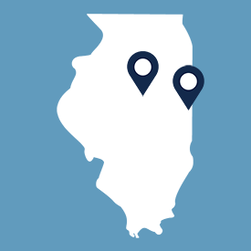 Map of Illinois with a pin indicating the locations of Bloomington and Danville.