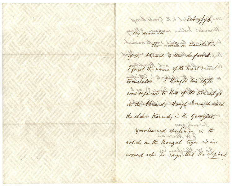 A letter showing a watermark composed of boxes of three lines laid diagonally. the lines are rotated in each box, creating the illusion of a woven basket. 