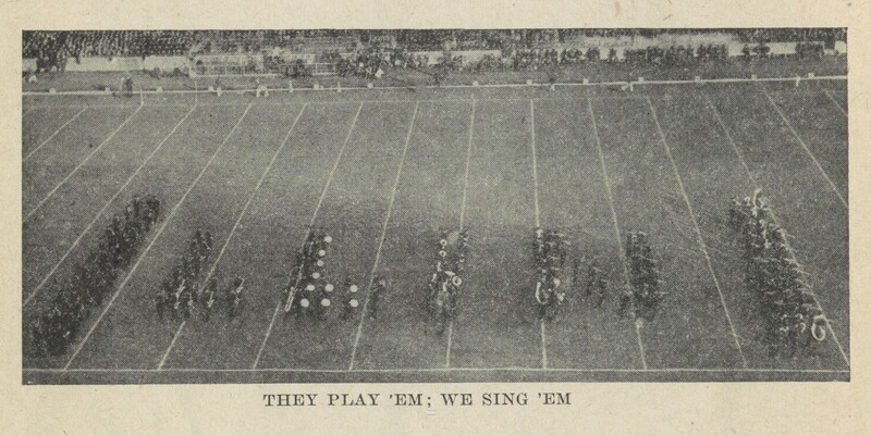 Marching Illini in formation spelling I-L-L-I-N-I with the caption "they play 'em ; we sing 'em"