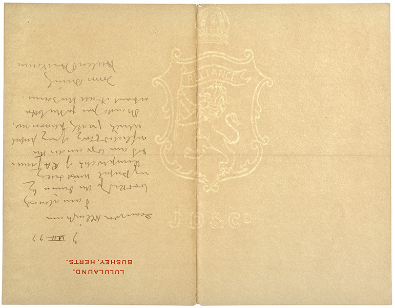 A page of a letter with a watermark for J D & Co. The watermark is a shield with a sinister lion rampant, holding a banner that says Reliance. A Crown is above the shield, and the letters J D & C0 are underneath.