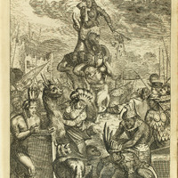 This is a frontispiece portrait depicting indigenous and Dutch colonists at a trading port in South America