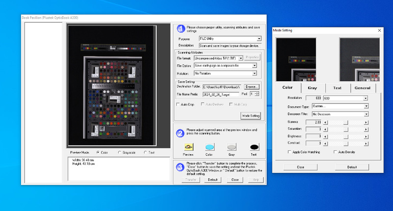 Screenshot of a Windows Operating System and Book Pavilion scanning software for a Plustek Opticbook A300 scanner where the previous scan of the FADGI device level target is visible in an open window to the left, which has many circles of colors and values and is around the physical size 8 x 11in, and appears very dark. The settings for the new scan are visible in the window to the right, with adjustments turned off where possible, and a preview of the new scan shows a much more accurate view of the target.