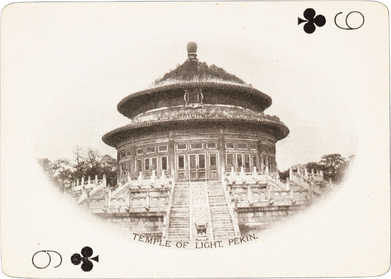 The 9 of clubs with a picture of the exterior of a shrine