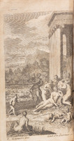 A drawing of a large gathering of largely naked women and cherubs sitting next to Greek columns or frolicking in the water.