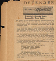 Newspaper clipping attached to a piece of manila folder with the word "DEFENDER" handwritten at the top