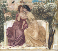 A painting of two women wearing Greek inspired outfits in a garden embracing each other on a bench.