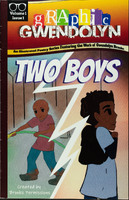 A drawing of two boys, one watering the lawn and another wearing a backpack. The image of the two is split by a lightening shape.