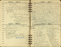 Two pages of a day planner overrun with handwritten notes, names and dates.