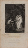Engraving of a woman in a flowing dress taking herbs from a man in a cave filled with skeletons and snakes.
