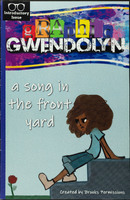 A drawing of a young person sitting on a concrete bench looking at a rose growing in the grass.