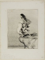 A drawing of Sappho standing on the edge of a cliff with a cupid attempting to push her over the edge.