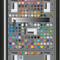 A gray rectangle with gray slant lines and optical resolution converging lines in the center and corners, black circles around edges and evenly spaced throughout, and many circles of colors, blues and greens near the center, skintones near the top, vibrant shades of orange and purple of varying shades near the bottom half. Lab color readouts are visible on the white patches, reading 97.52 on the square and 99.805 in lightness on the left of the gradient bar in the upper third of the rectangle and 79.56 on patch E8.