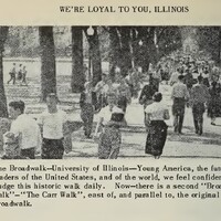 Crowded sidewalk filled with students, with large trees lining.